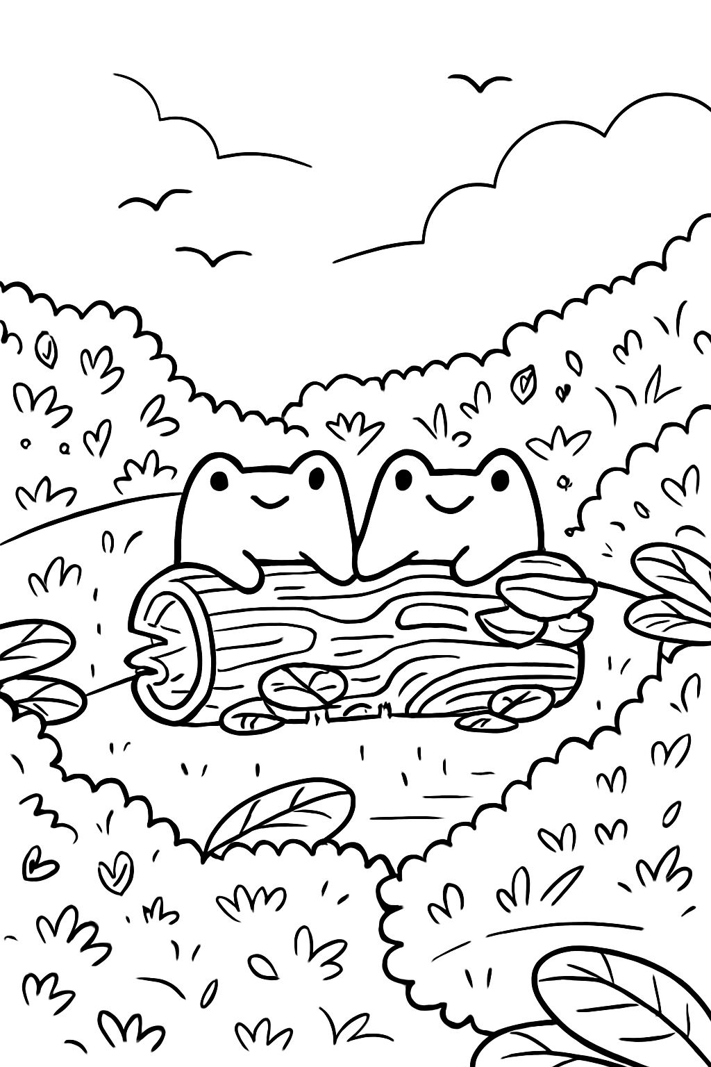 Frogs on a log coloring page