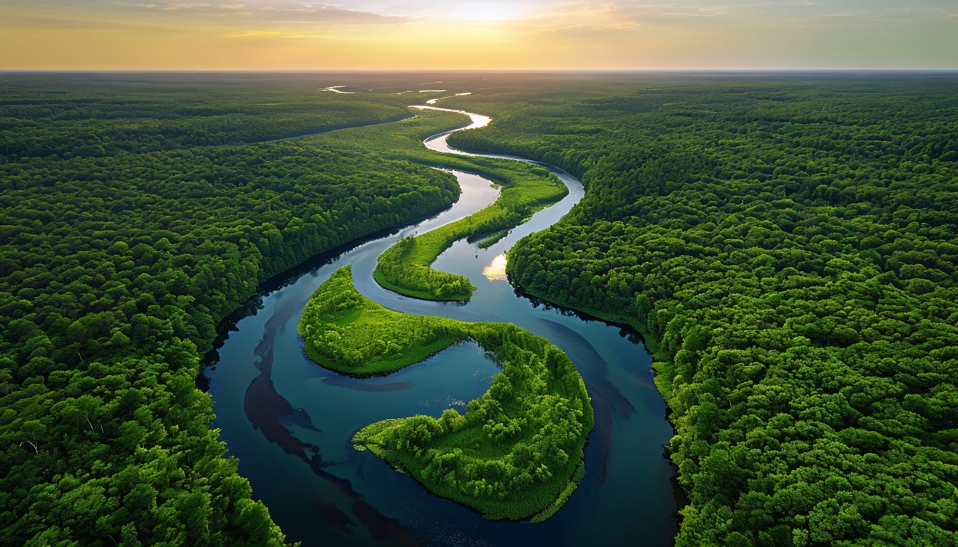 Serene Aerial Sunset River Landscape Virtual Background