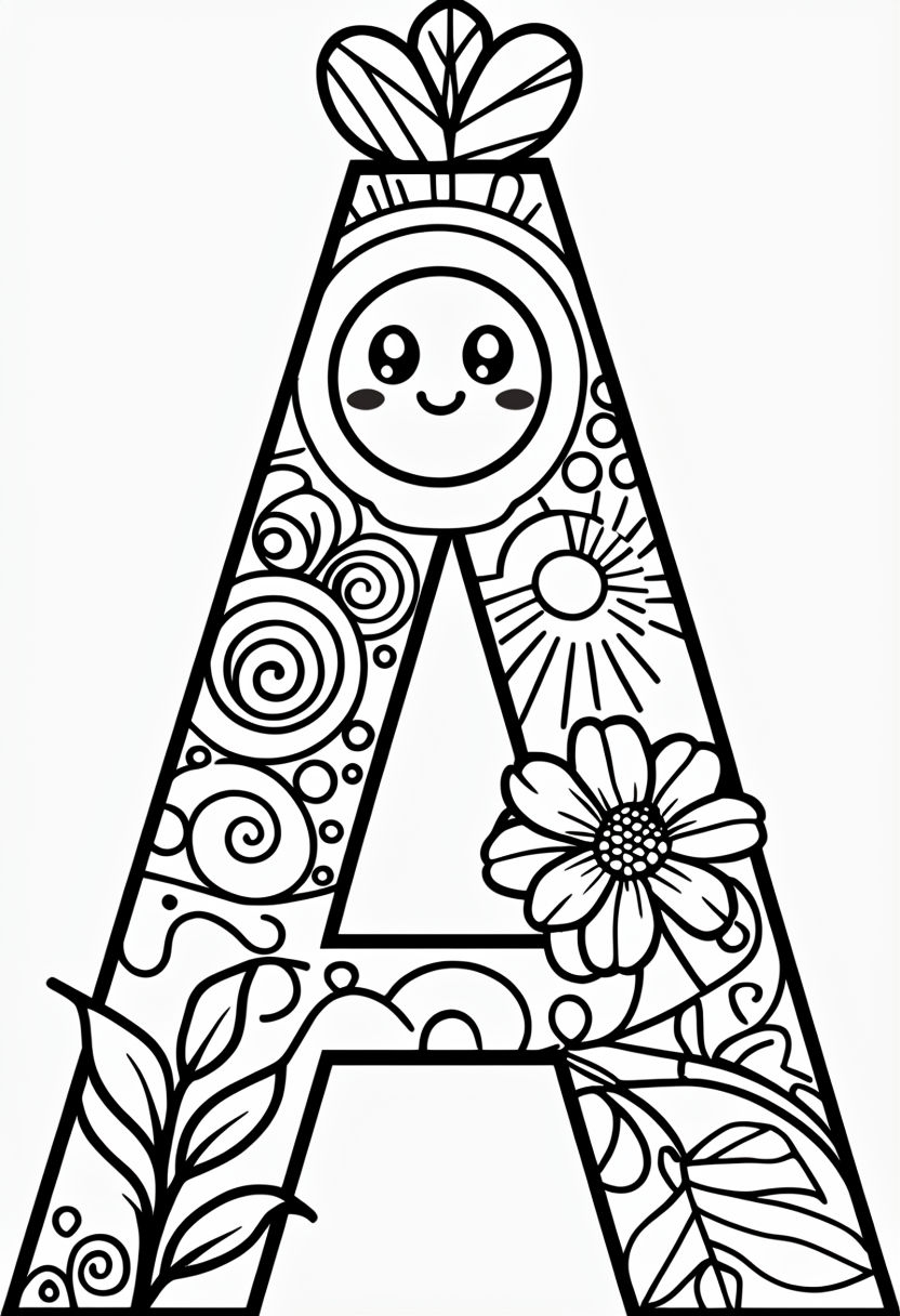 Intricate Black-and-White Letter A Coloring Page Design