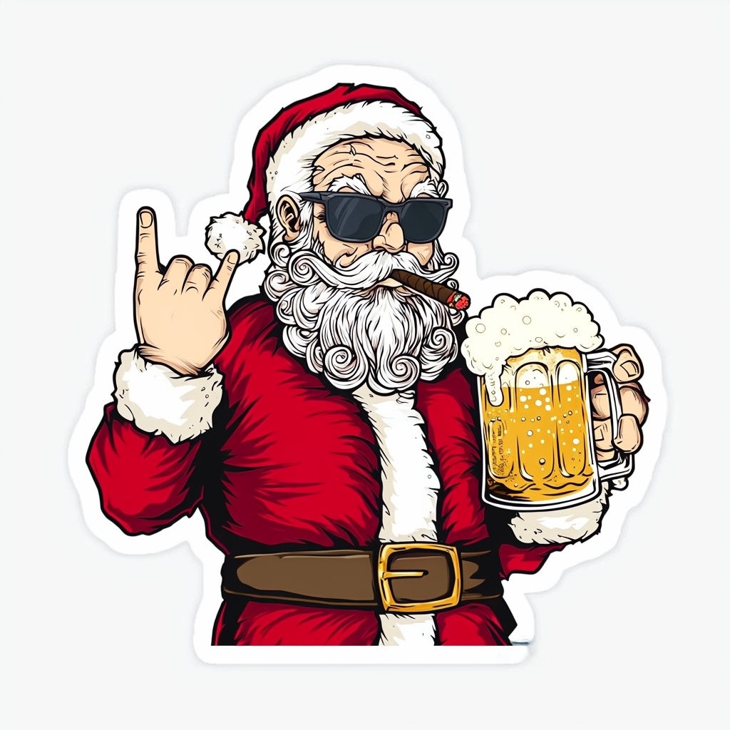 Cool Santa Claus with Sunglasses and Beer Cartoon Sticker