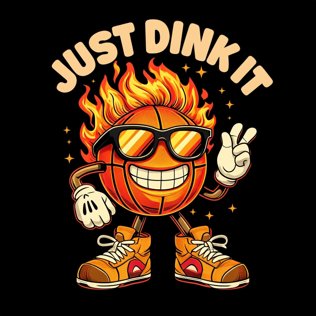 Vibrant Cartoon Fiery Basketball Character with Just Dink It Design T-shirt