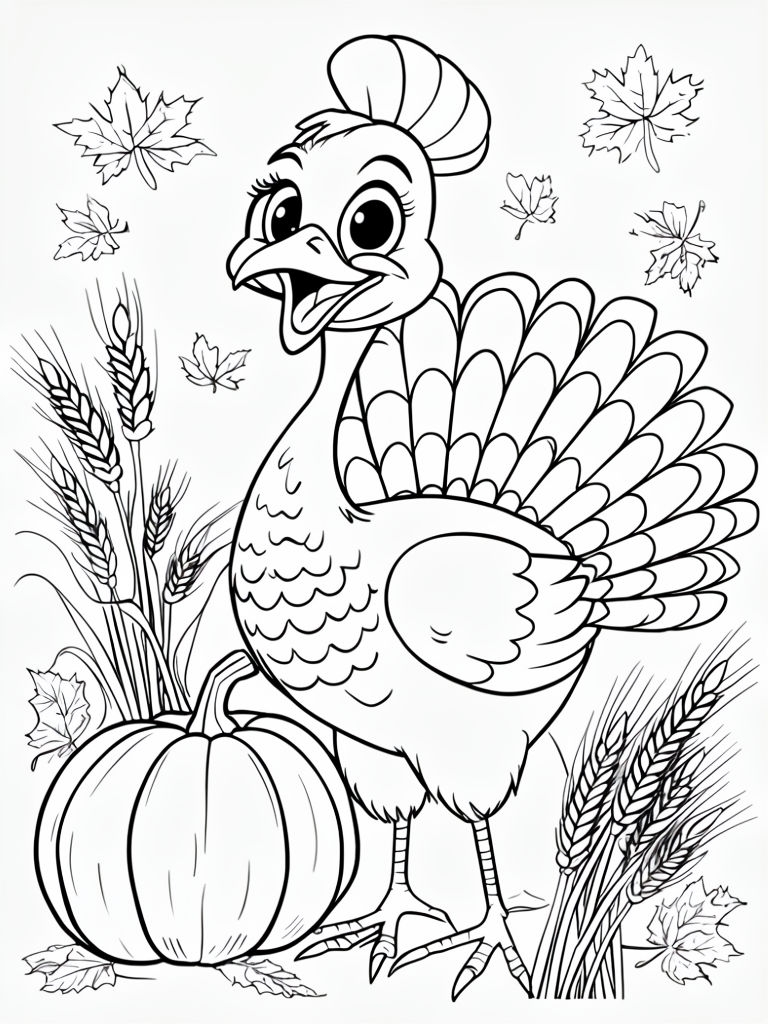 Cheerful Cartoon Turkey with Pumpkin and Wheat Coloring Page