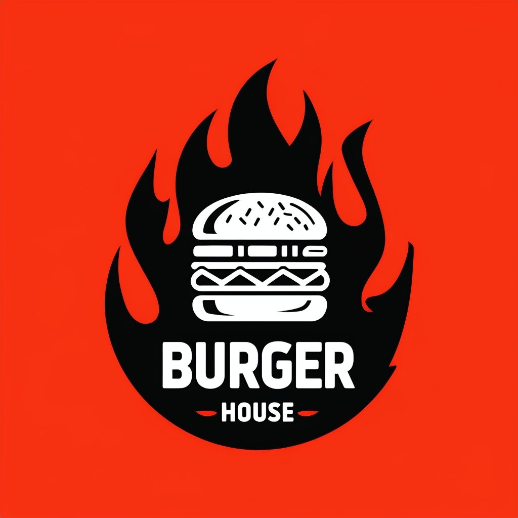 Modern Minimalist Burger House Logo Design with Flame Silhouette
