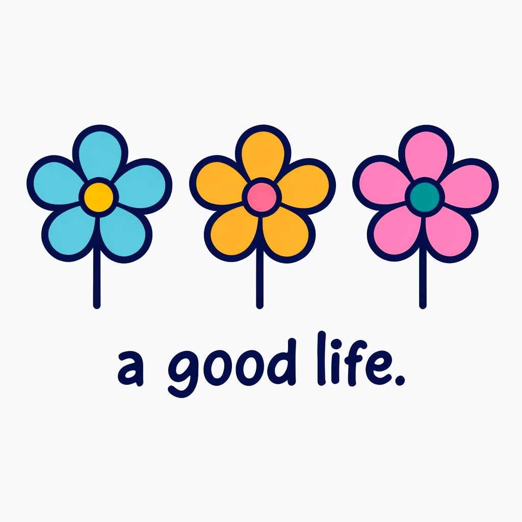 Cheerful Cartoon Flower Design with 'A Good Life' Text T-Shirt