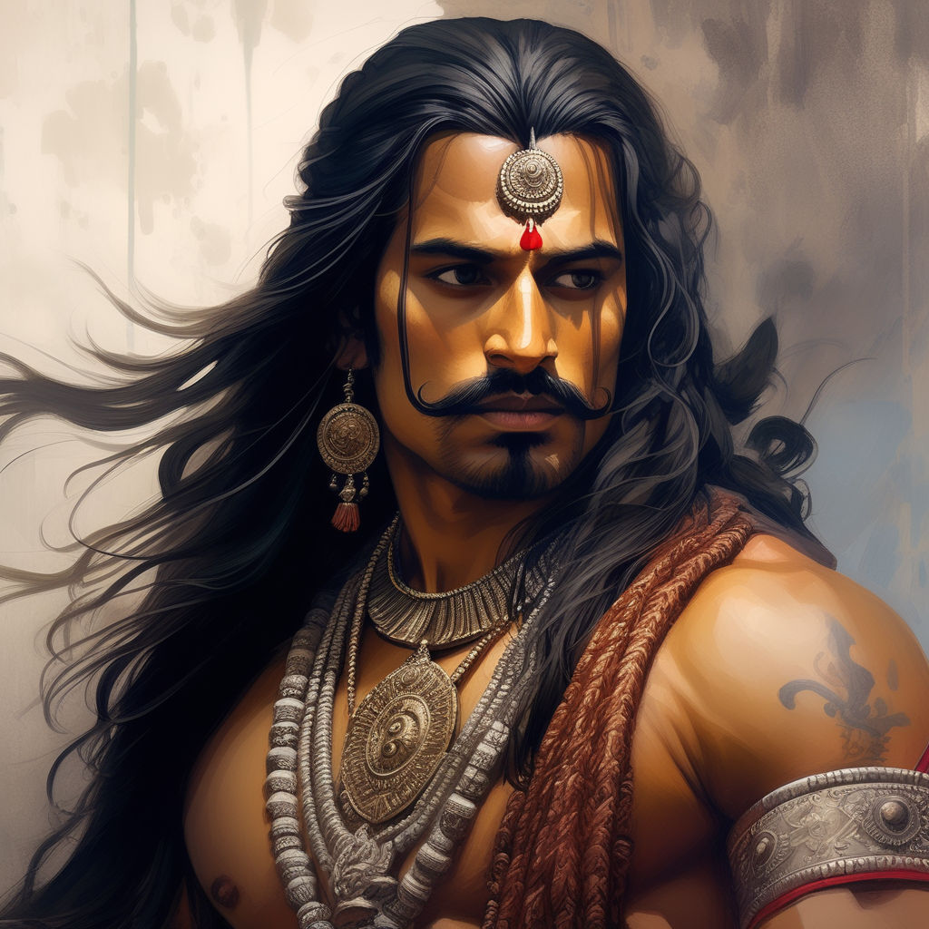 Handsome indian warrior with long hair and mustache pandava by Joseph ...