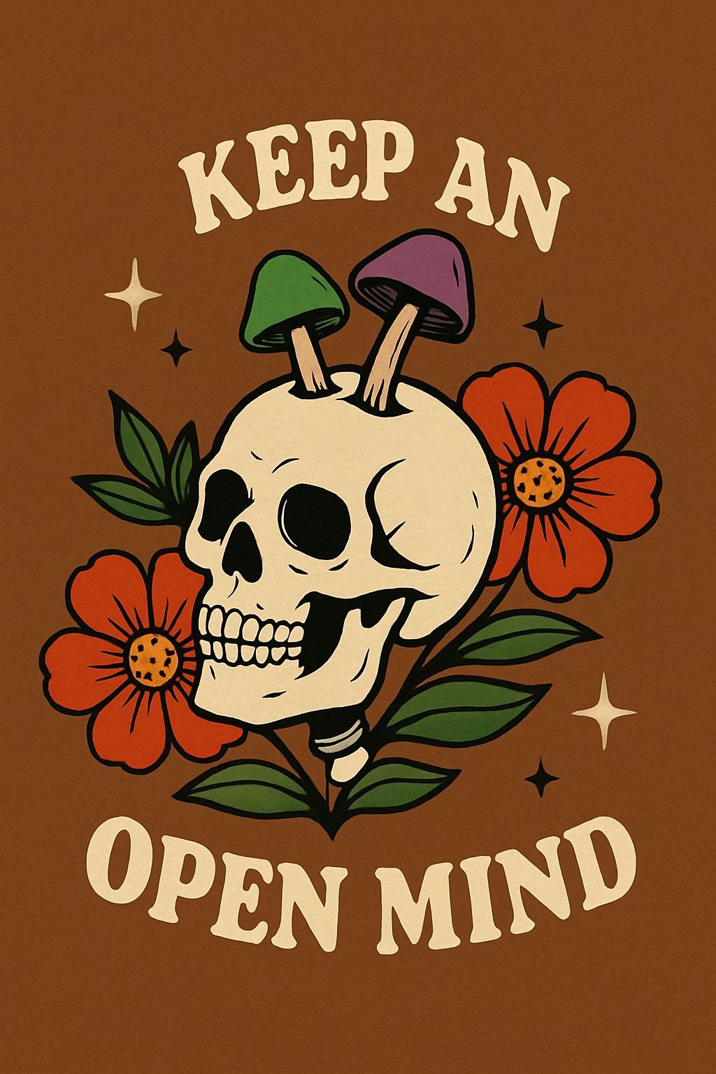 Vintage Skull with Mushrooms and Flowers T-Shirt