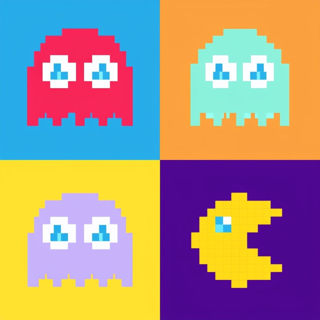 Retro Pixel Art Pac-Man Characters Grid Pattern Illustration Seamless Pattern