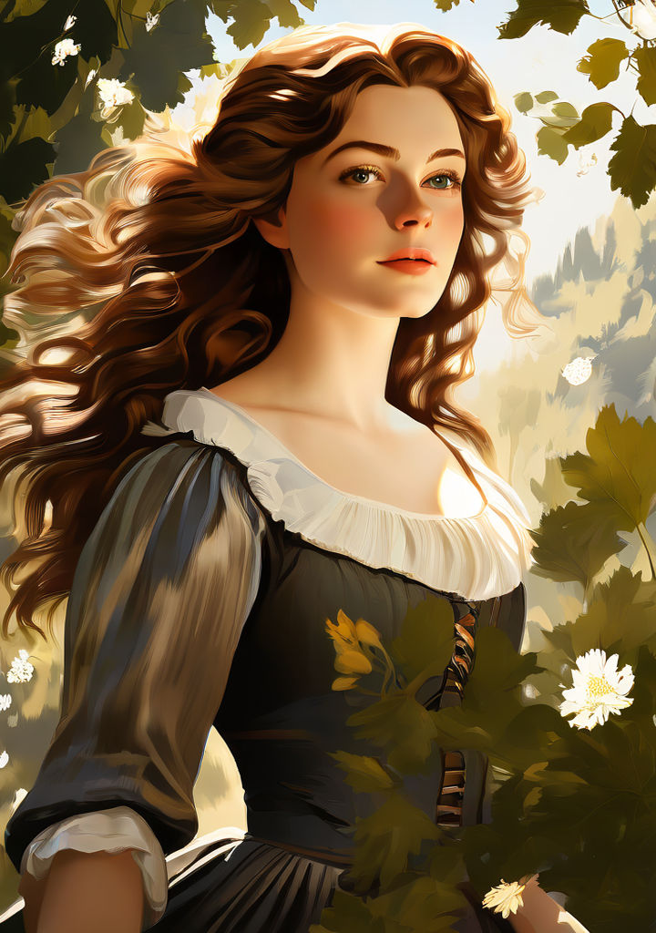 Prompt:  Masterpiece digital vector portrait of a 20-year-old young lady, from neck to waist, chestnut waves of hair loosely dressed in the fashion of an 18th-century peasant maiden, inundated with an overhead play of sunrays, backdrop of young budding leaves garnished with petite, slightly blooming flowers and illuminated by low, radiant light, providing ultra sharp detailed features, depicted in breathtaking