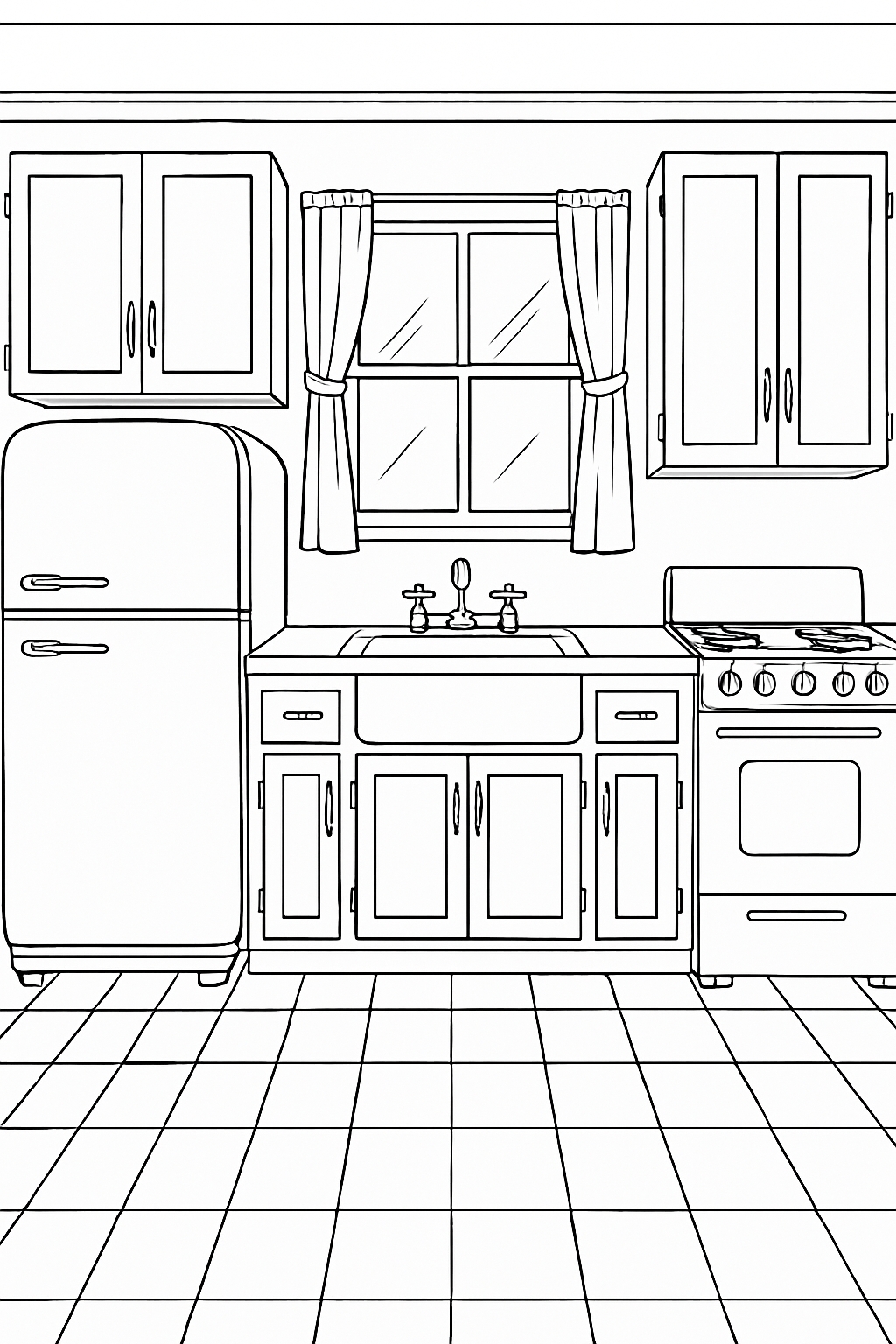 Symmetrical Kitchen Scene Line Art for Coloring Book Pages