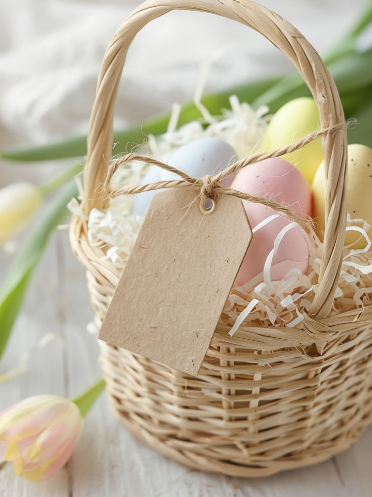 Blank Kraft Paper Tag on Easter Basket Mockup