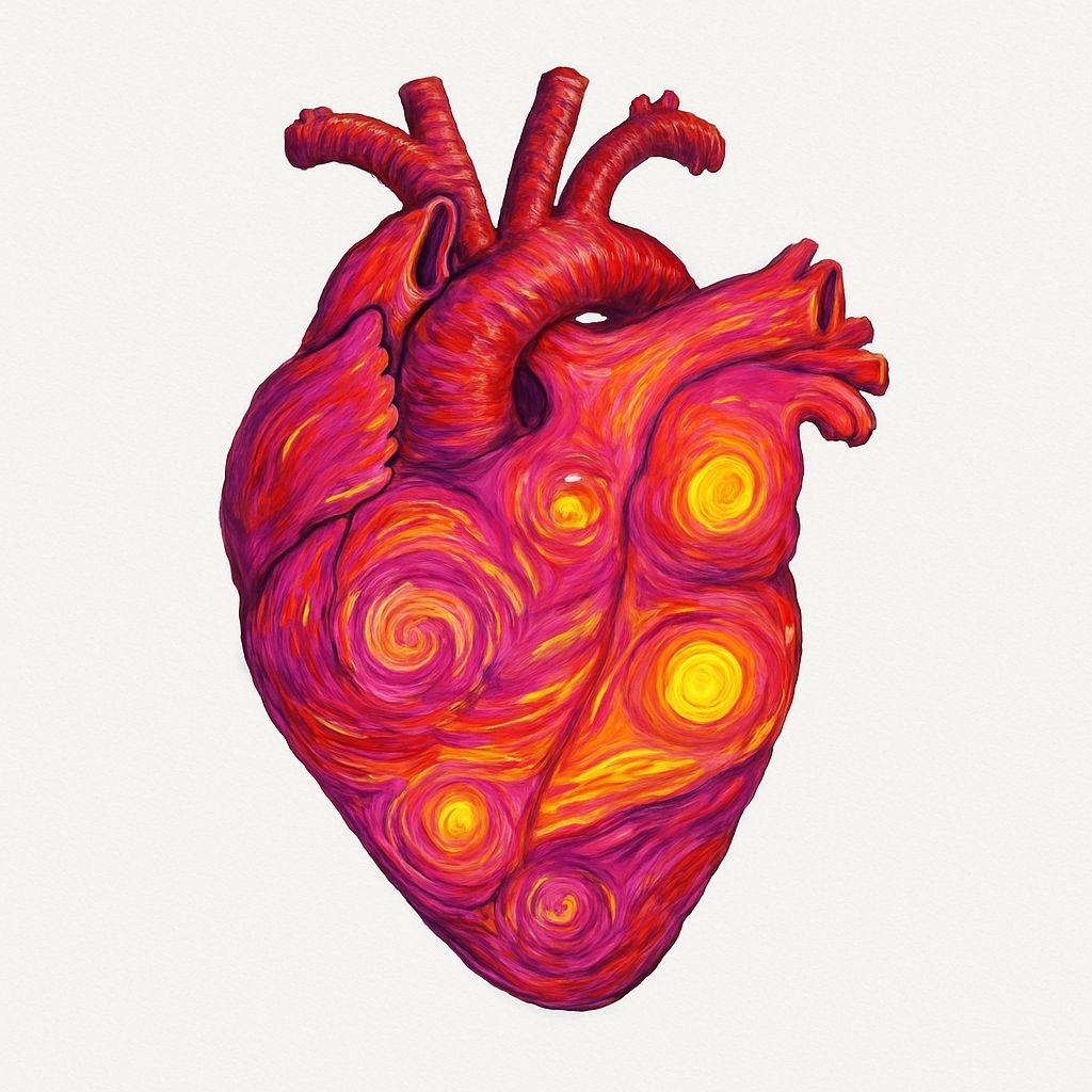 Vivid Anatomical Human Heart Illustration with Abstract Patterns Sticker