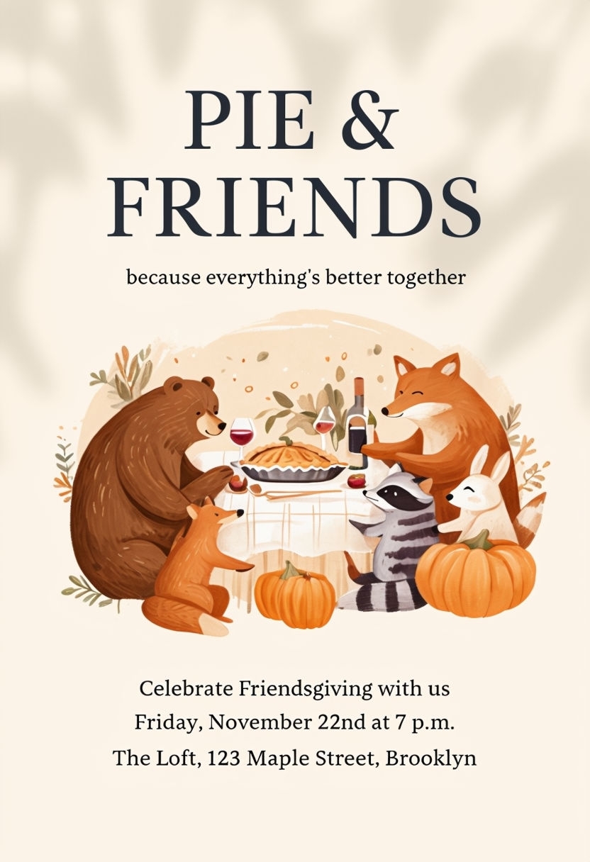 Warm Illustrated Friendsgiving Invitation with Woodland Animals Card