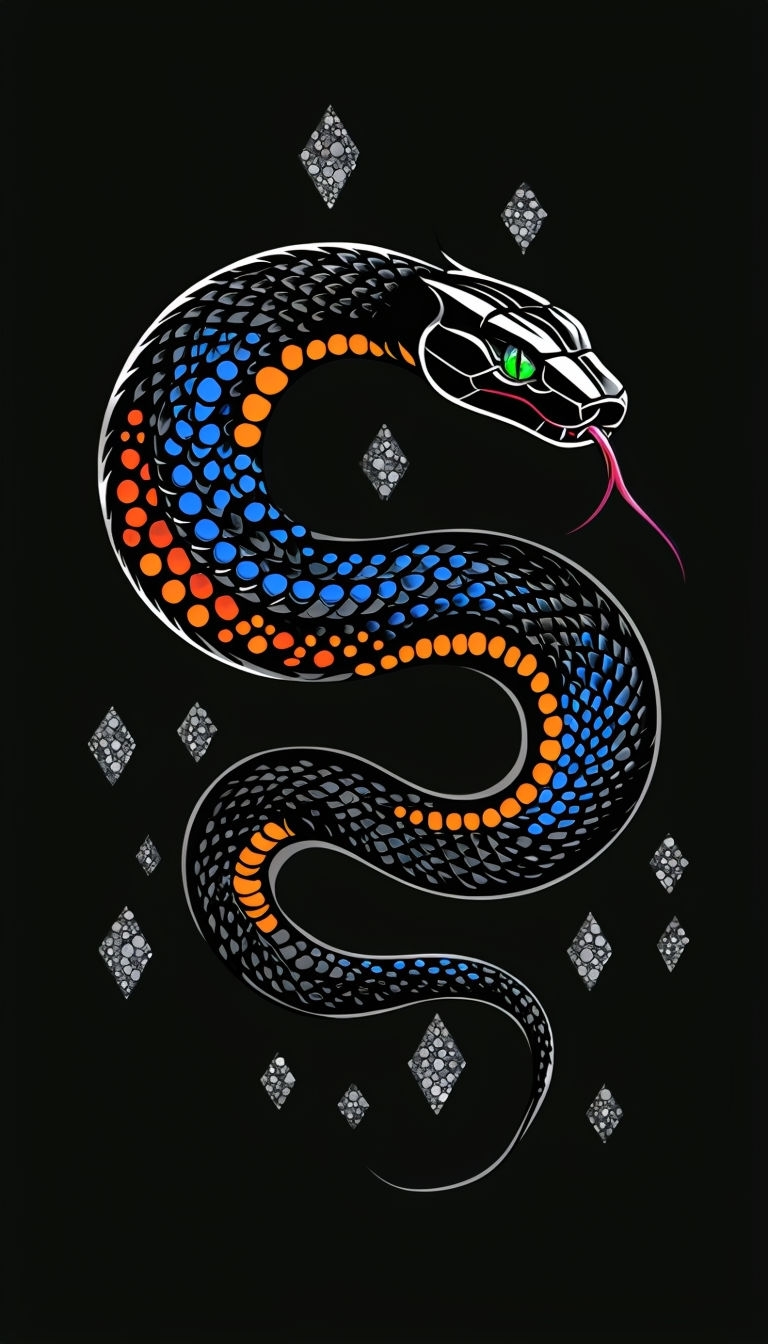 Vibrant Black Serpent Illustration with Iridescent Scales Mobile Wallpaper