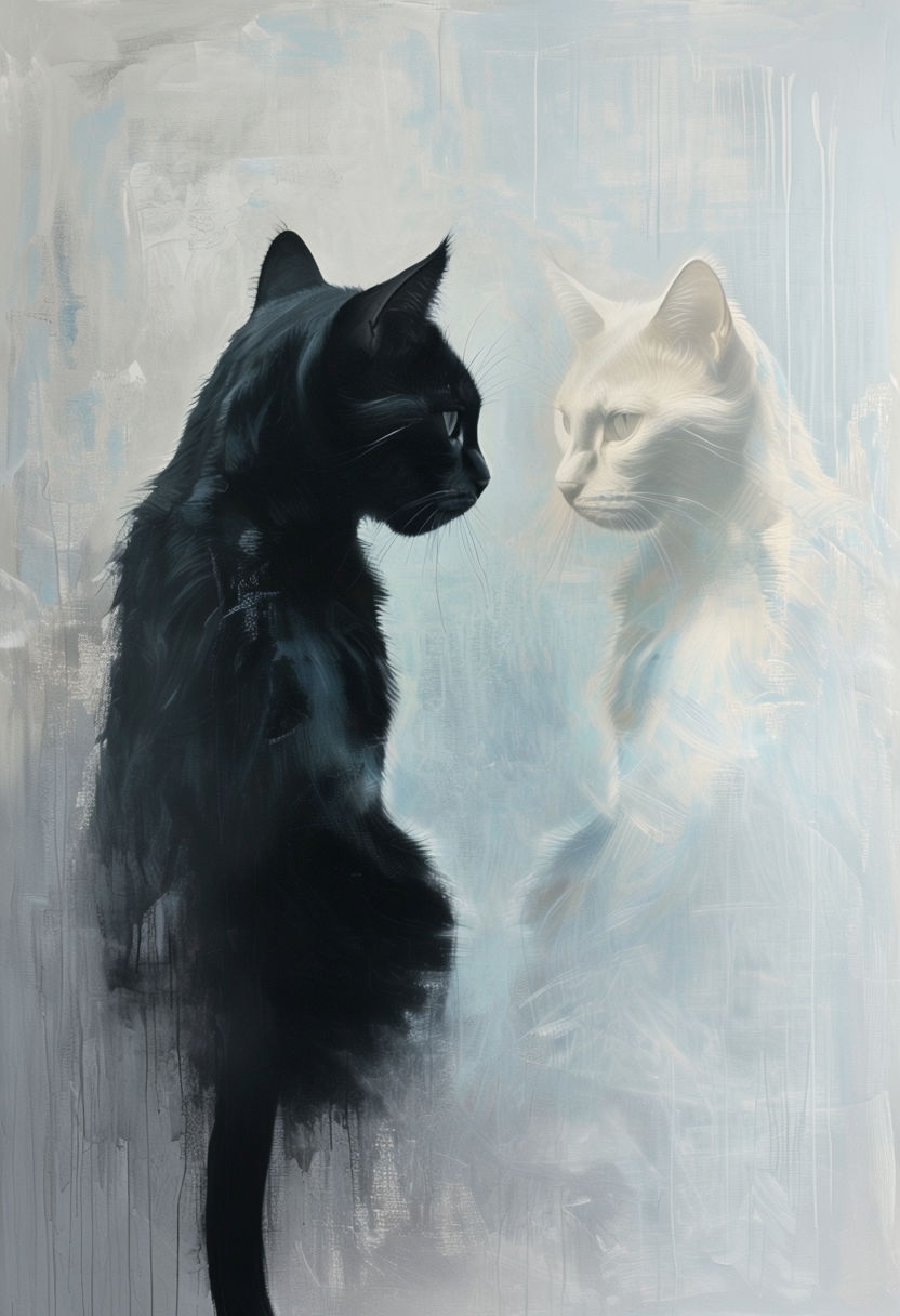 Intimate Contemplative Cats Reflection Painting Art