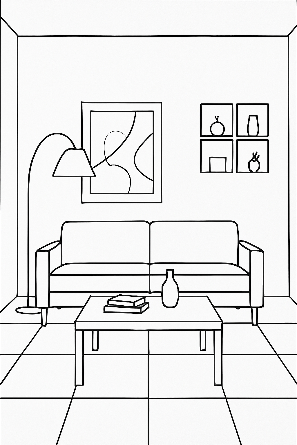 Minimalist Line Drawing of a Modern Living Room Coloring Page