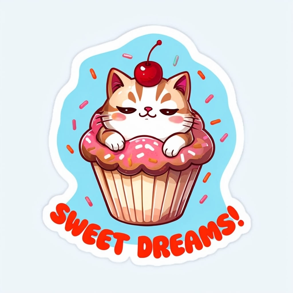 Cute Cat in Giant Cupcake with Sweet Dreams Text Sticker