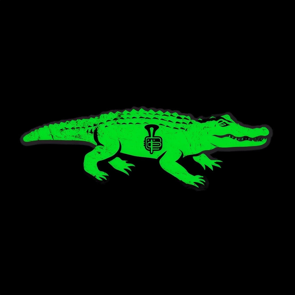 Bold Green Alligator Silhouette with Sousaphone Design T-shirt