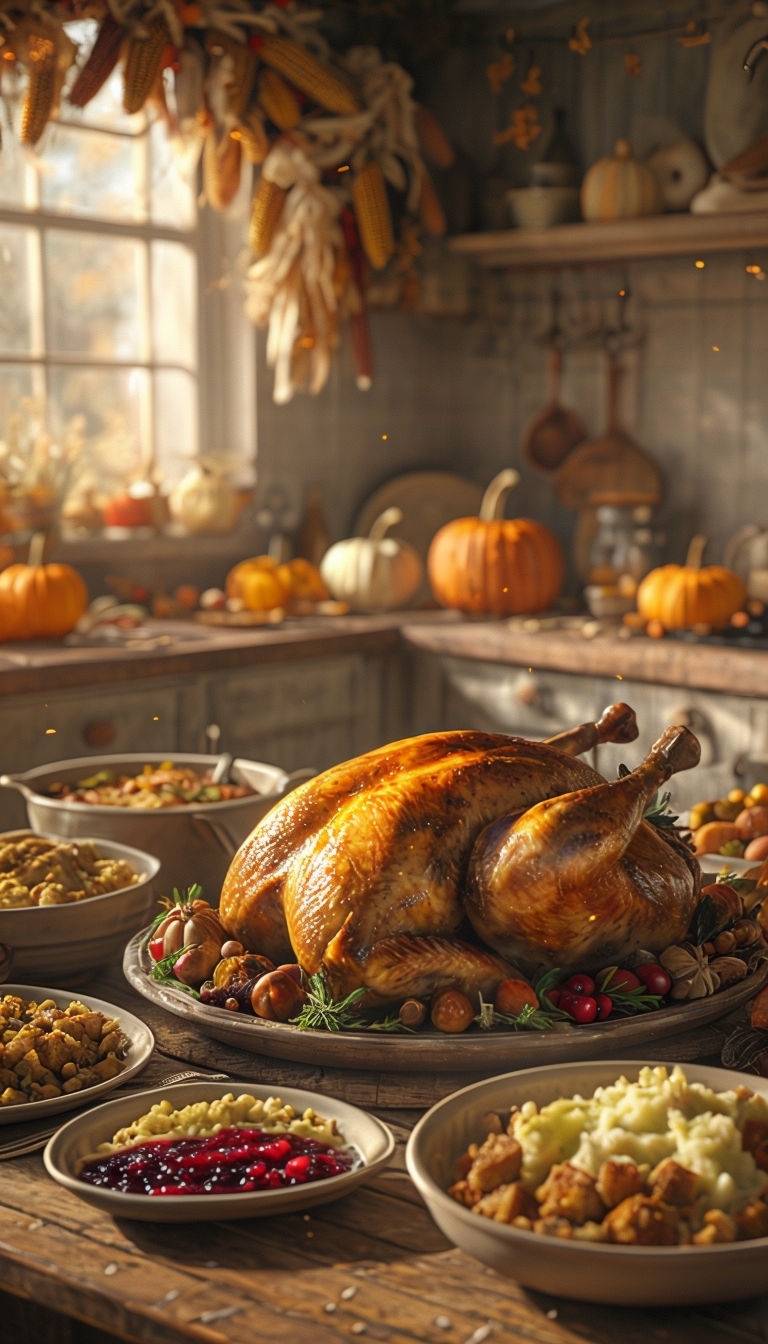 Cozy Thanksgiving Kitchen Scene with Golden-Brown Turkey Art