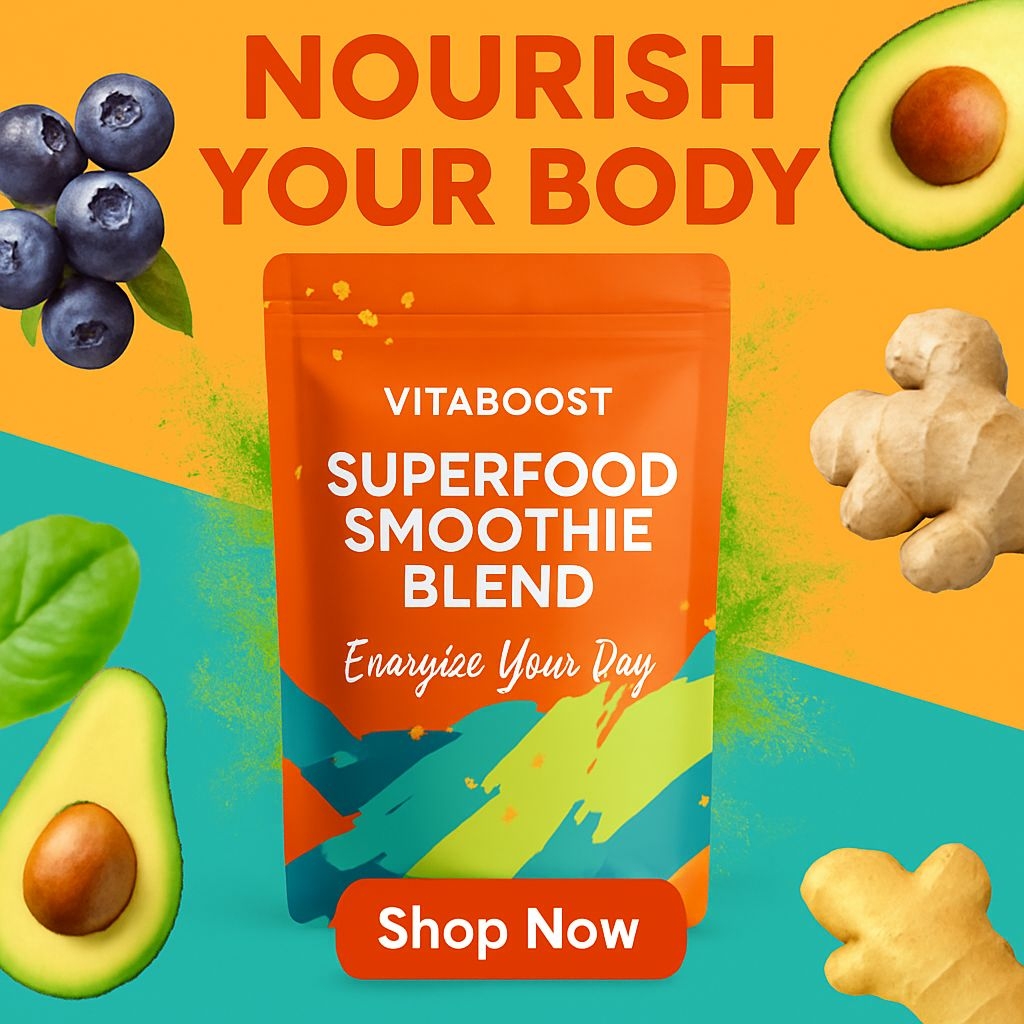 Vibrant VitaBoost Superfood Smoothie Blend Promotional Ad