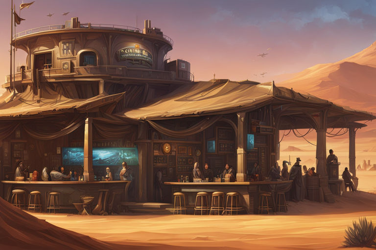 The outside view of a bustling sci-fi tavern in a busy deser... by Alex ...