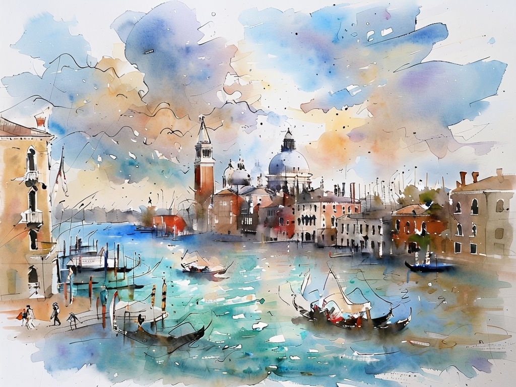 Vibrant Watercolor Venetian Waterfront Painting with Gondolas Art