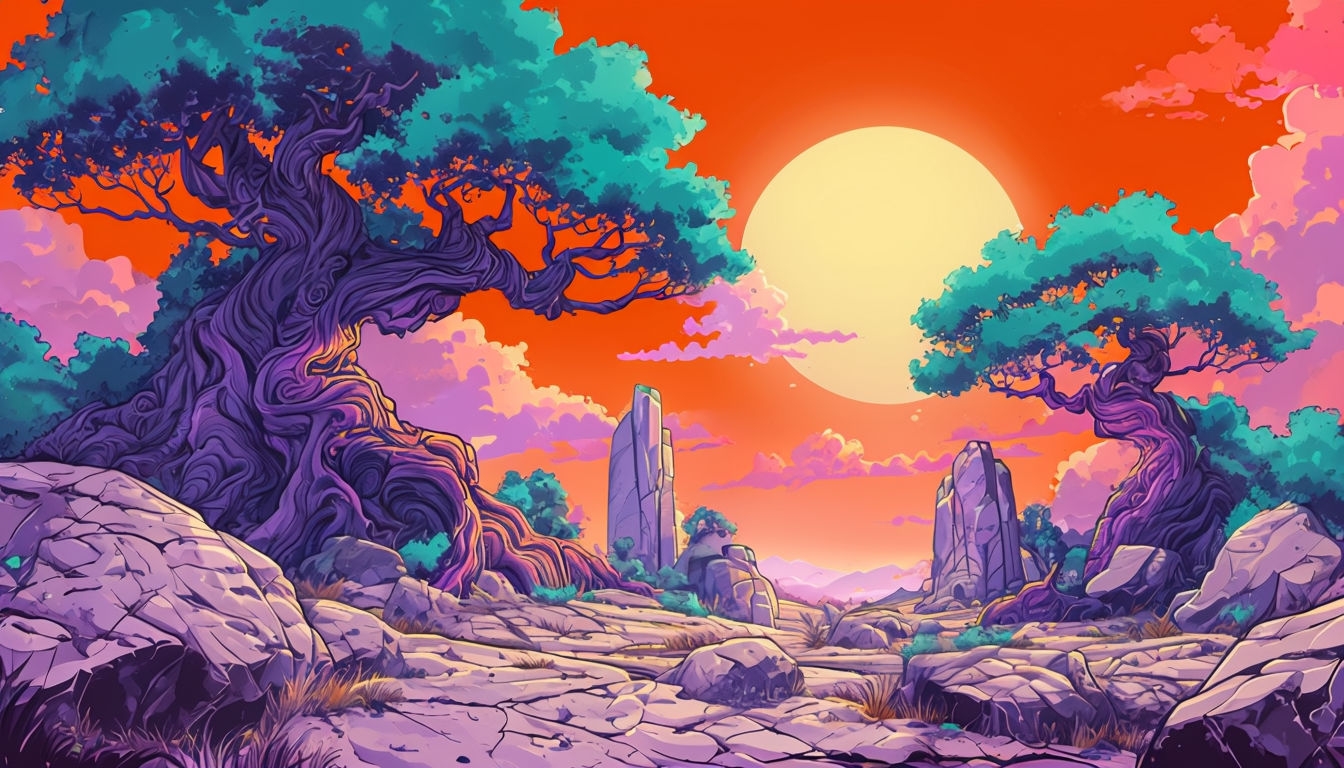 Serene Sunrise Landscape with Ancient Trees and Colorful Sky Virtual Backgrounds