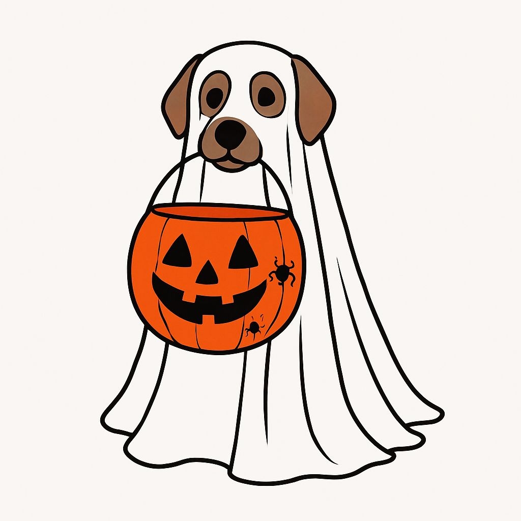 Cartoon Dog in Ghost Costume with Pumpkin Basket Sticker
