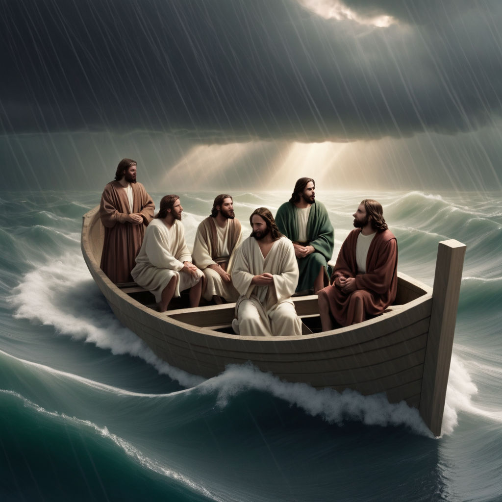 Jesus and his disciples in a boat he tells the storm to stop... by ...