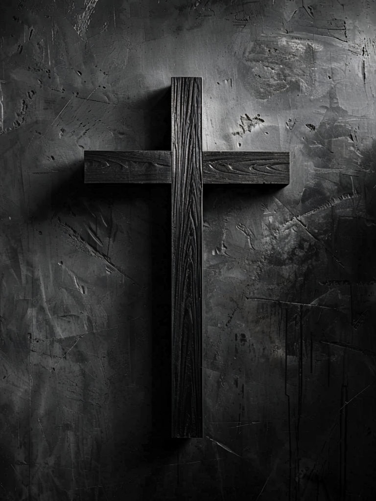 Somber Black Wooden Cross Against Dark Textured Wall Poster