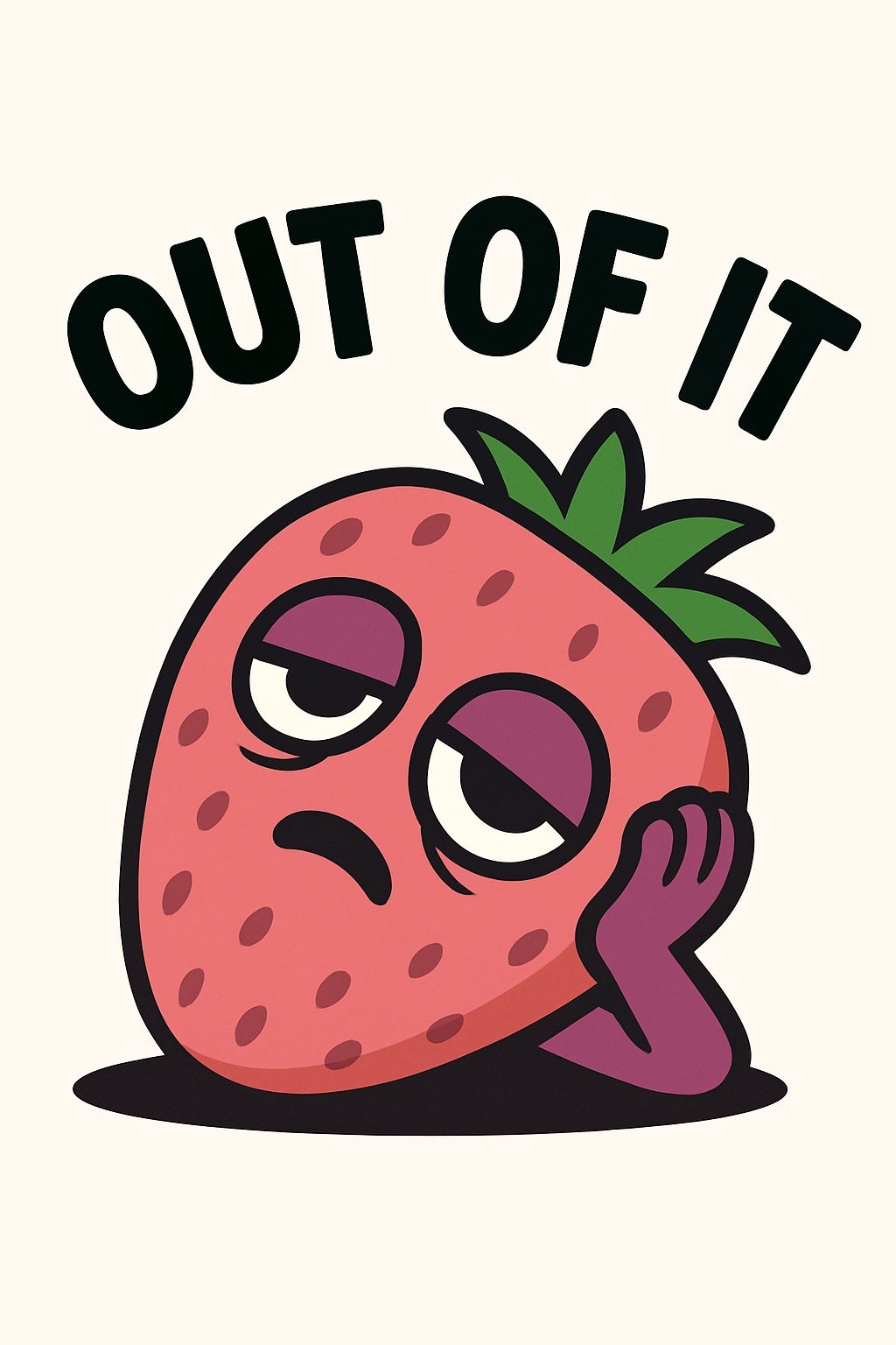 Melancholic Cartoon Strawberry Character with Out of It Text T-Shirt