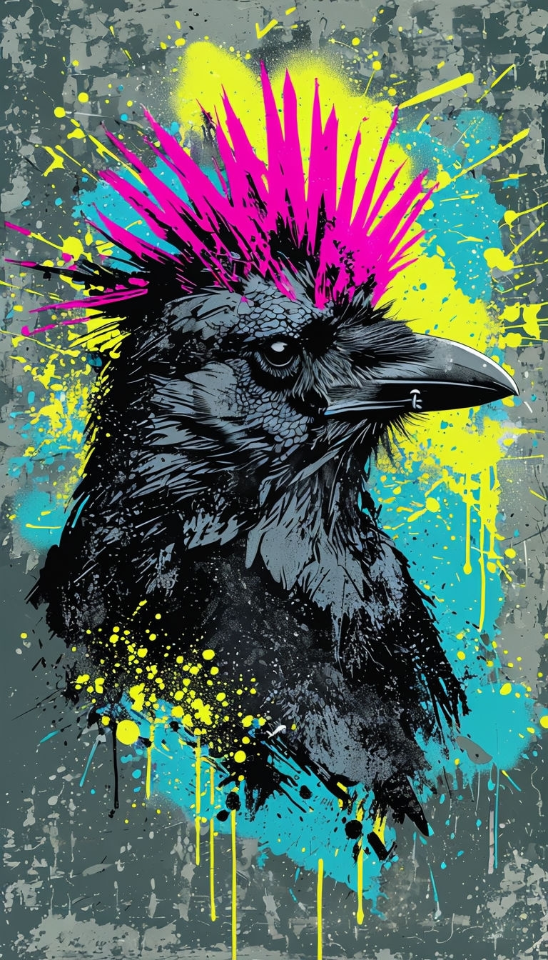 Punk Rock Raven Illustration with Vibrant Colors and Textures Art