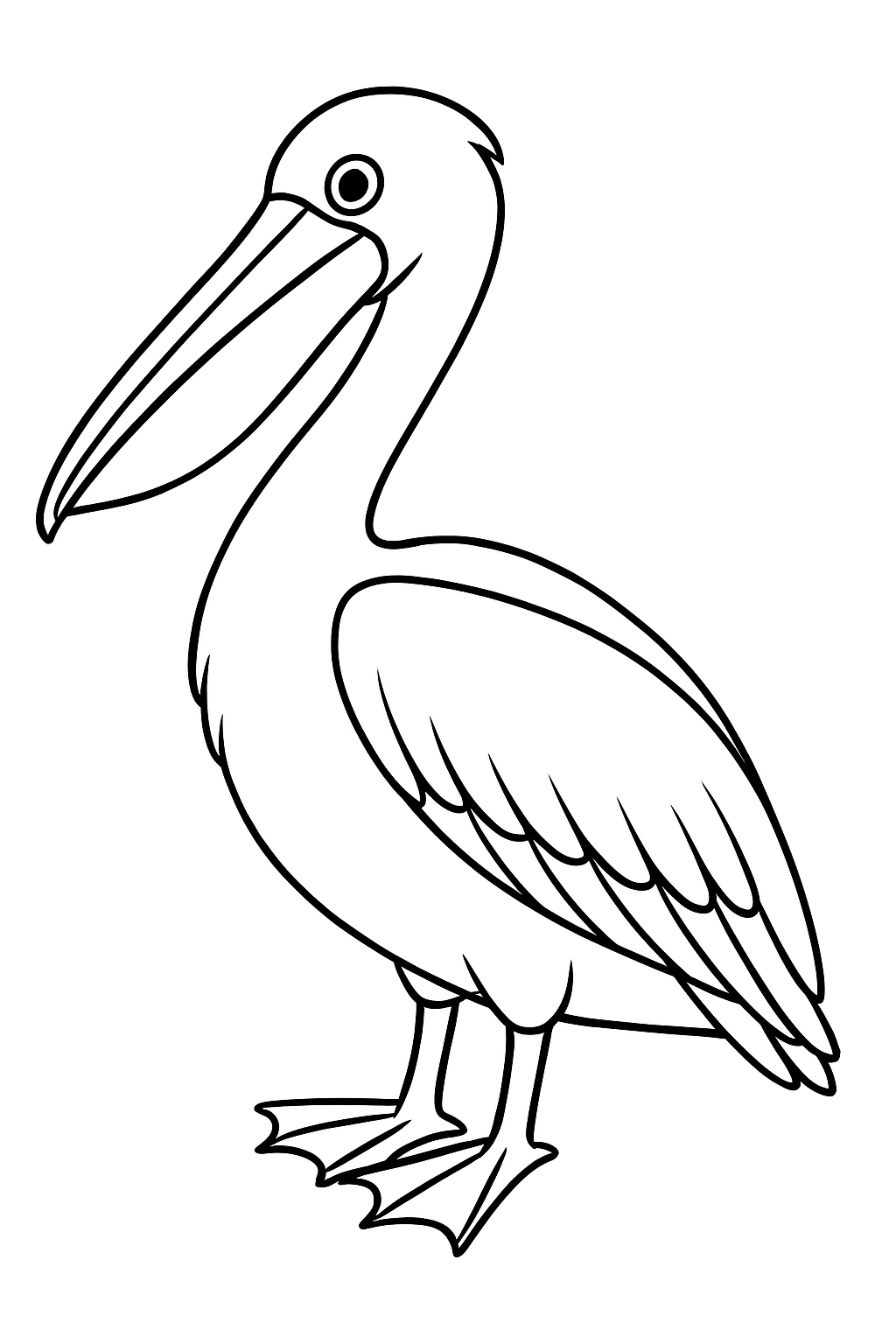 black-and-white line art illustration of a pelican