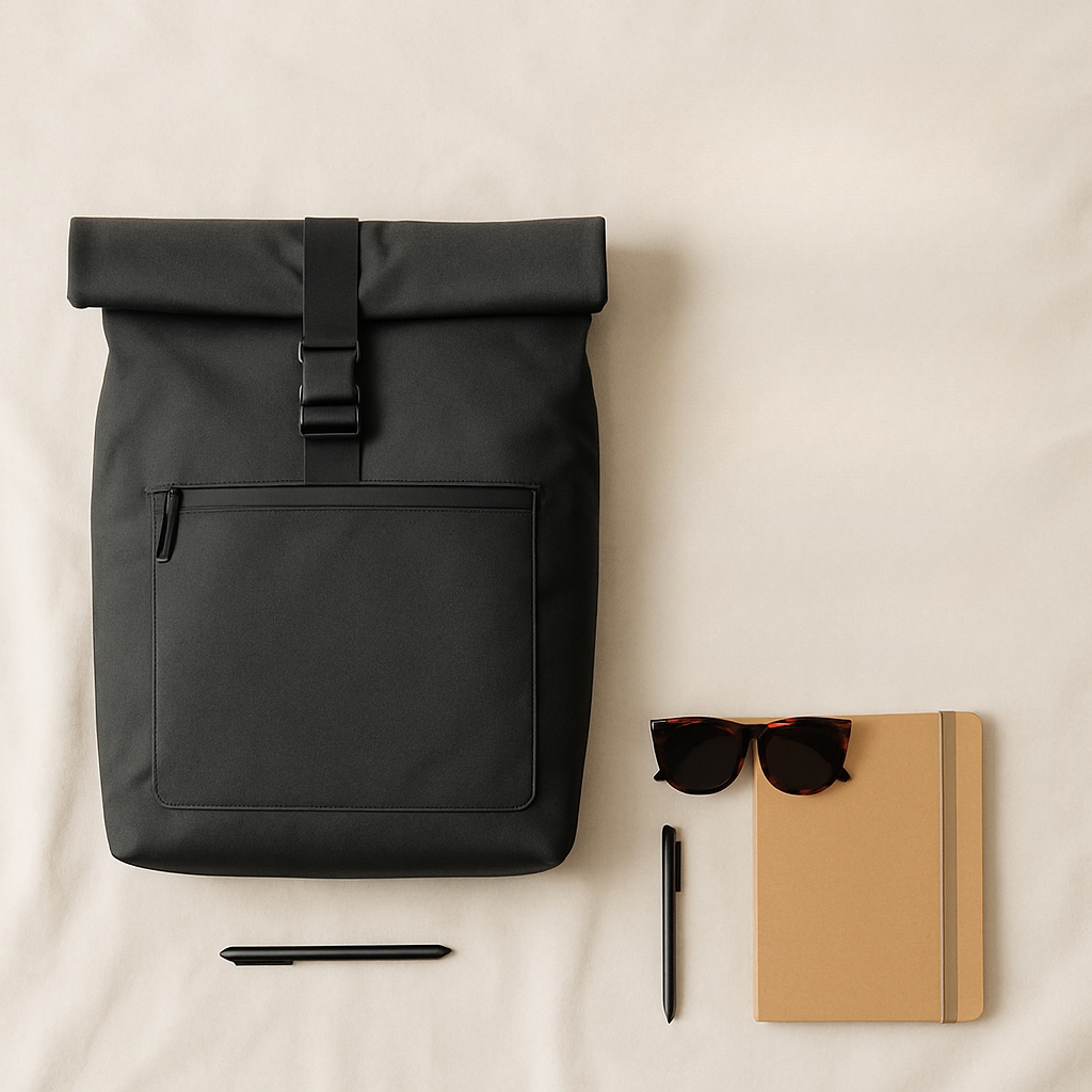 Elegant Minimalist Black Backpack Flat Lay Photograph Ads
