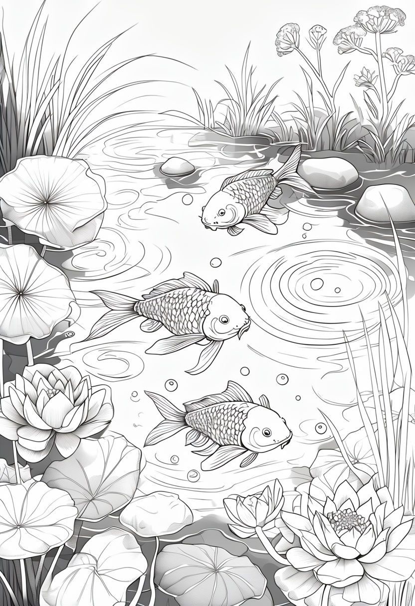 Serene Koi Pond Coloring Page with Intricate Plants Art