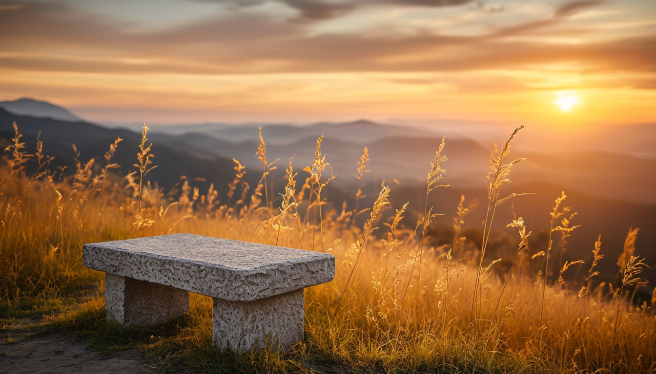 Tranquil Golden Hour Landscape with Stone Bench Virtual Background