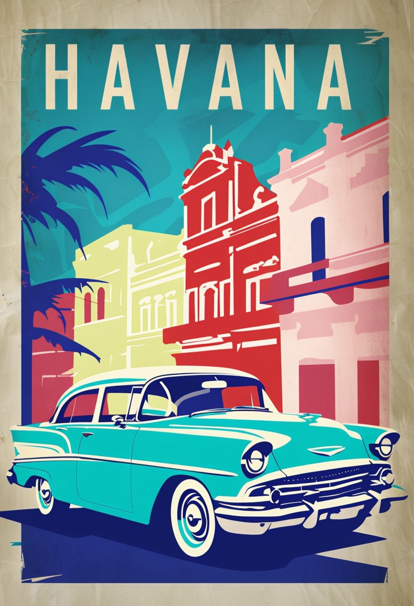 Vintage Havana Cuba Travel Poster with Classic Cars and Architecture