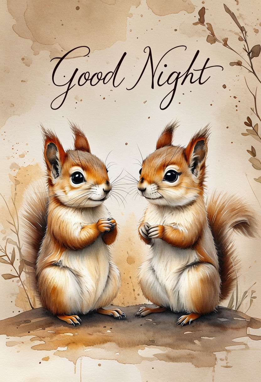 Whimsical Watercolor Squirrels Good Night Illustration Art