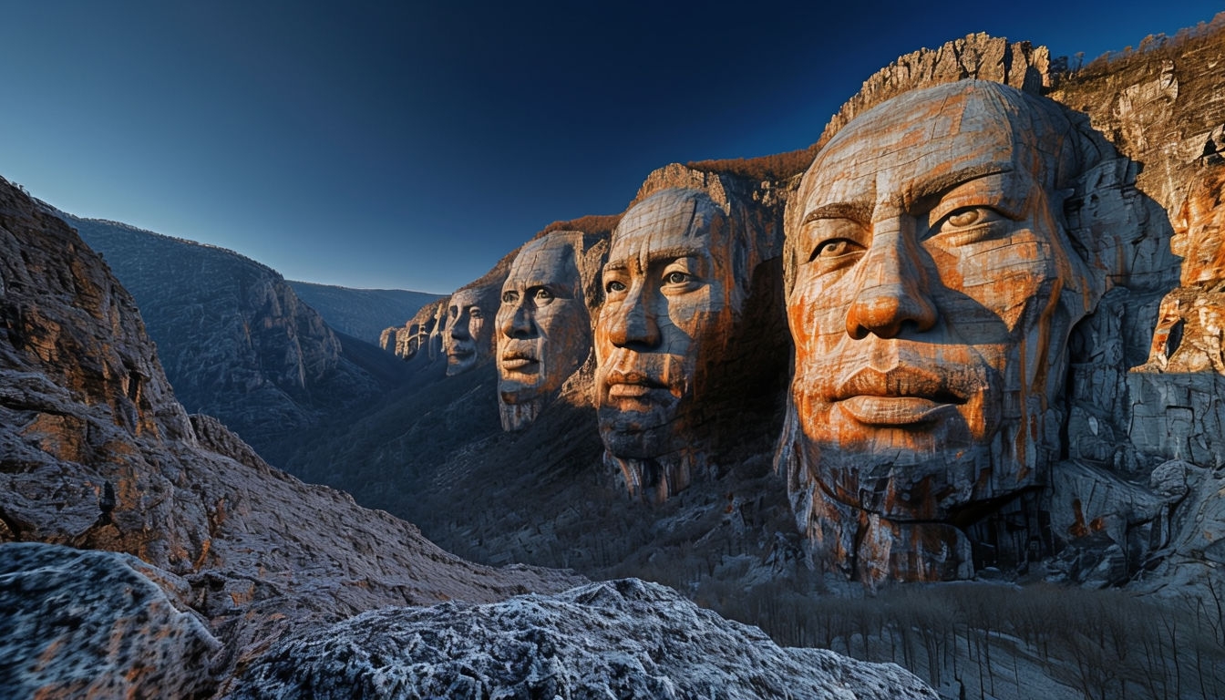 Majestic Mountain Peak with Carved Faces Virtual Background
