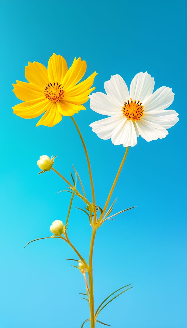 Minimalist Cosmos Flowers Photography Against Blue Background Mobile Wallpaper