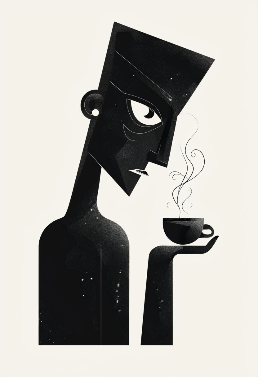 Stylized Black Humanoid Figure with Cup and Steam Minimalist Art Poster