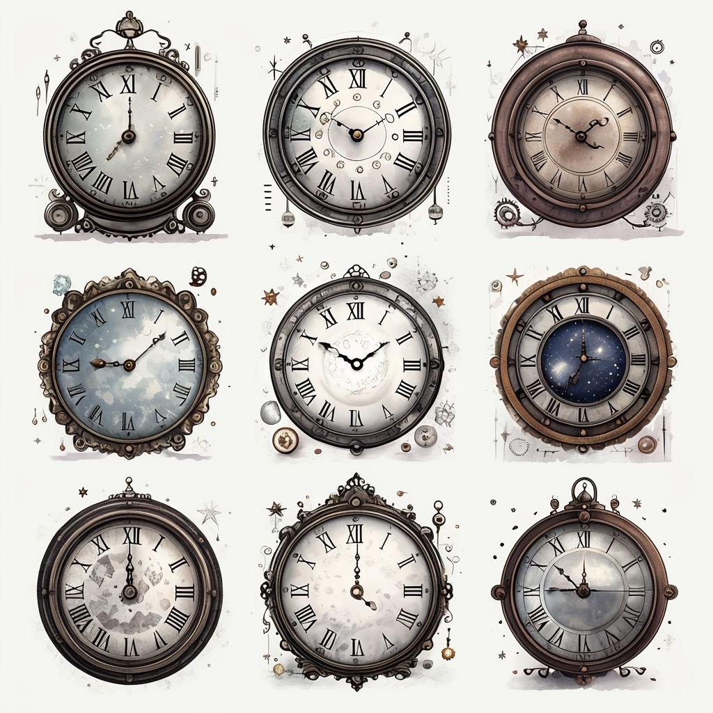 Whimsical Vintage Clocks Seamless Pattern with Metallic Accents