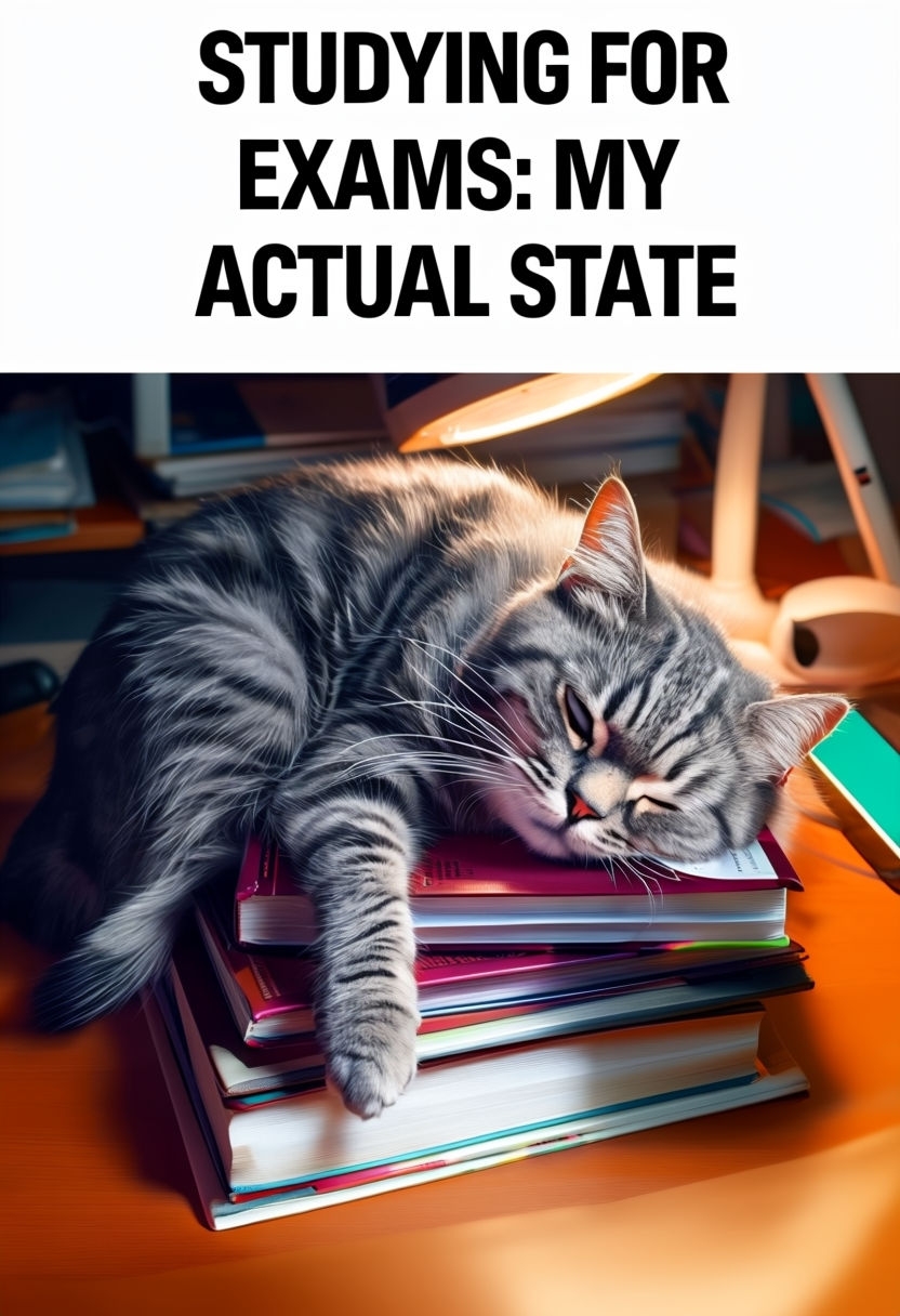 Fluffy Tabby Cat Napping on Textbooks Humorous Meme