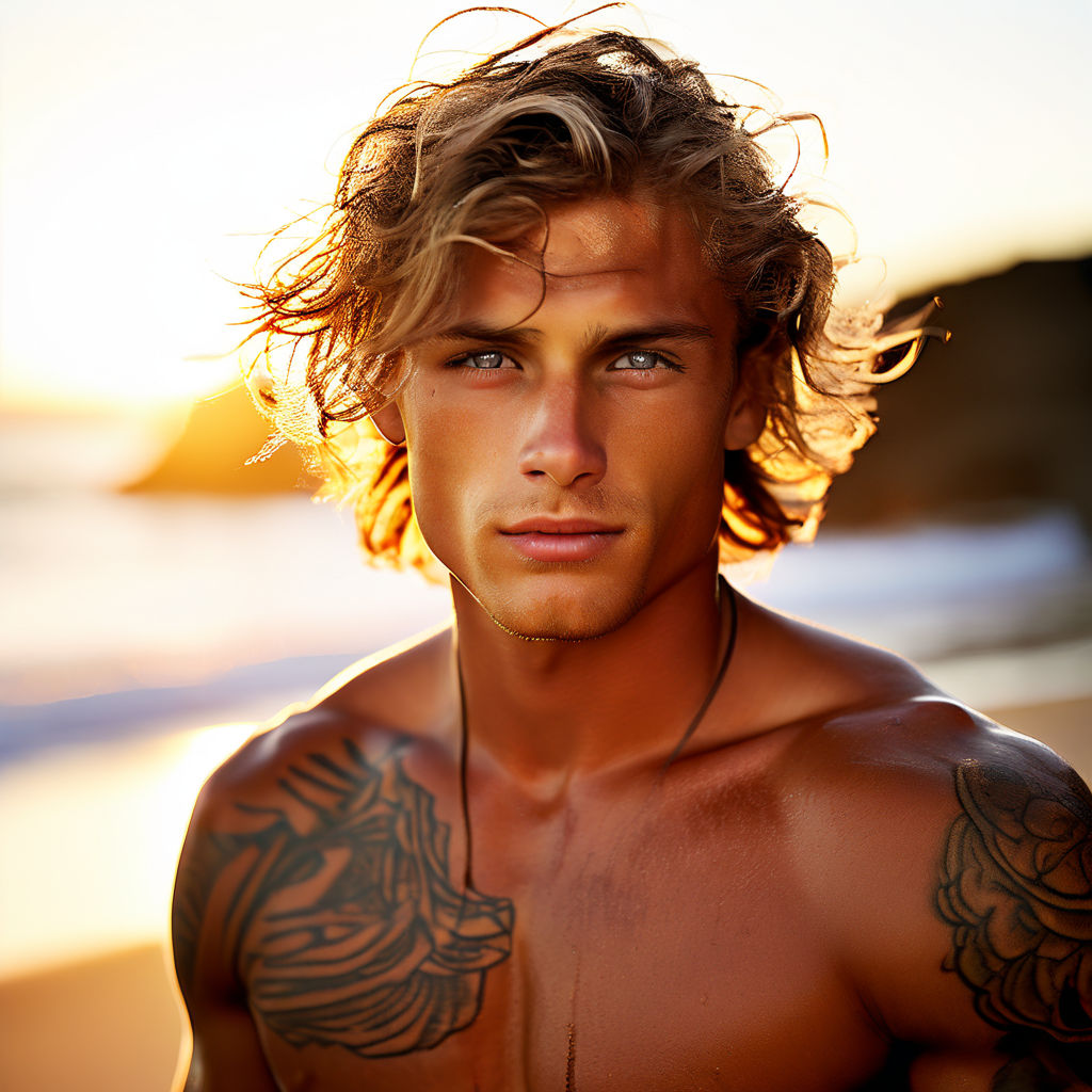 muscular man blond hair curly with grey eyes and tattoos