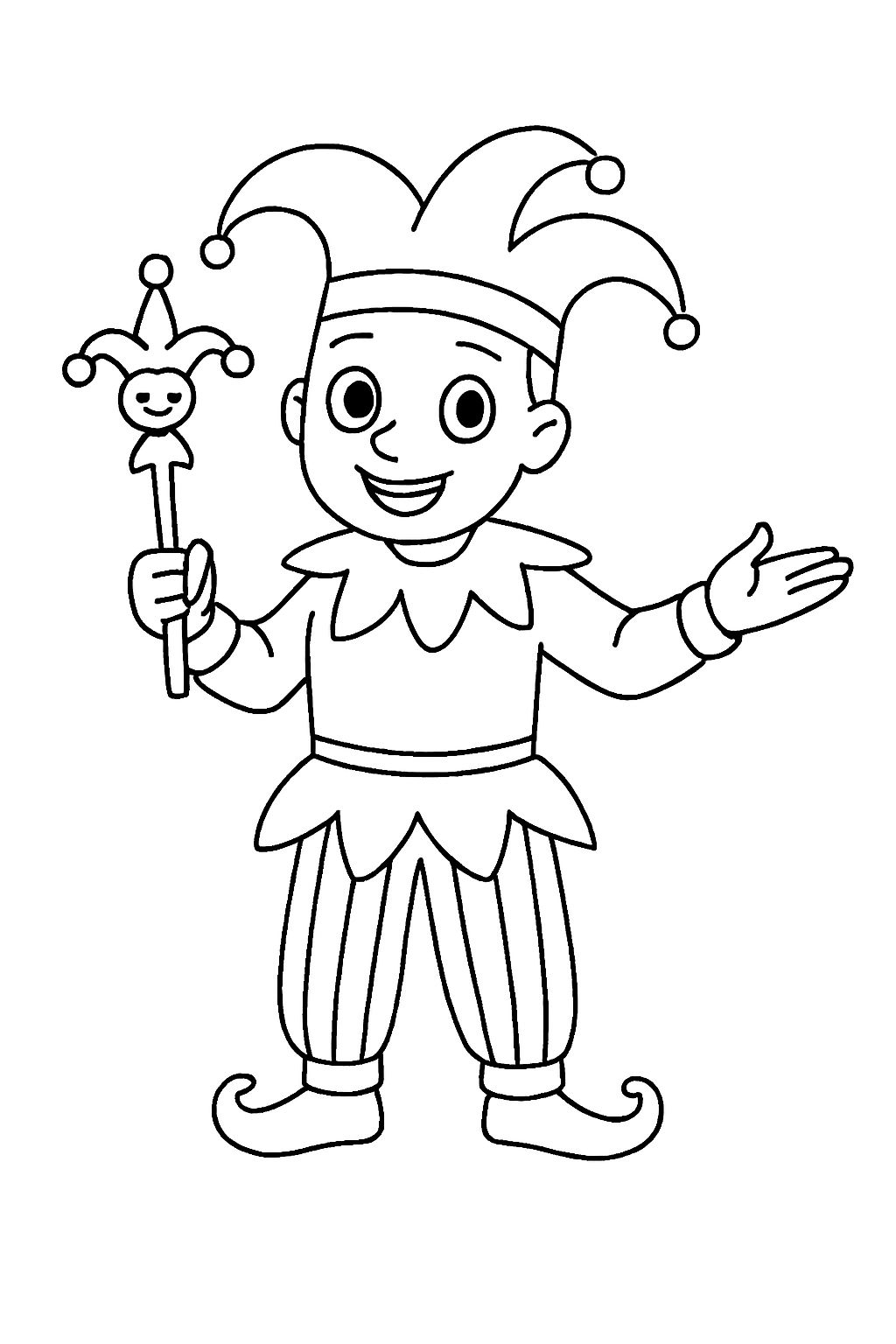 Cheerful Cartoon Jester Character Line Drawing Coloring Page