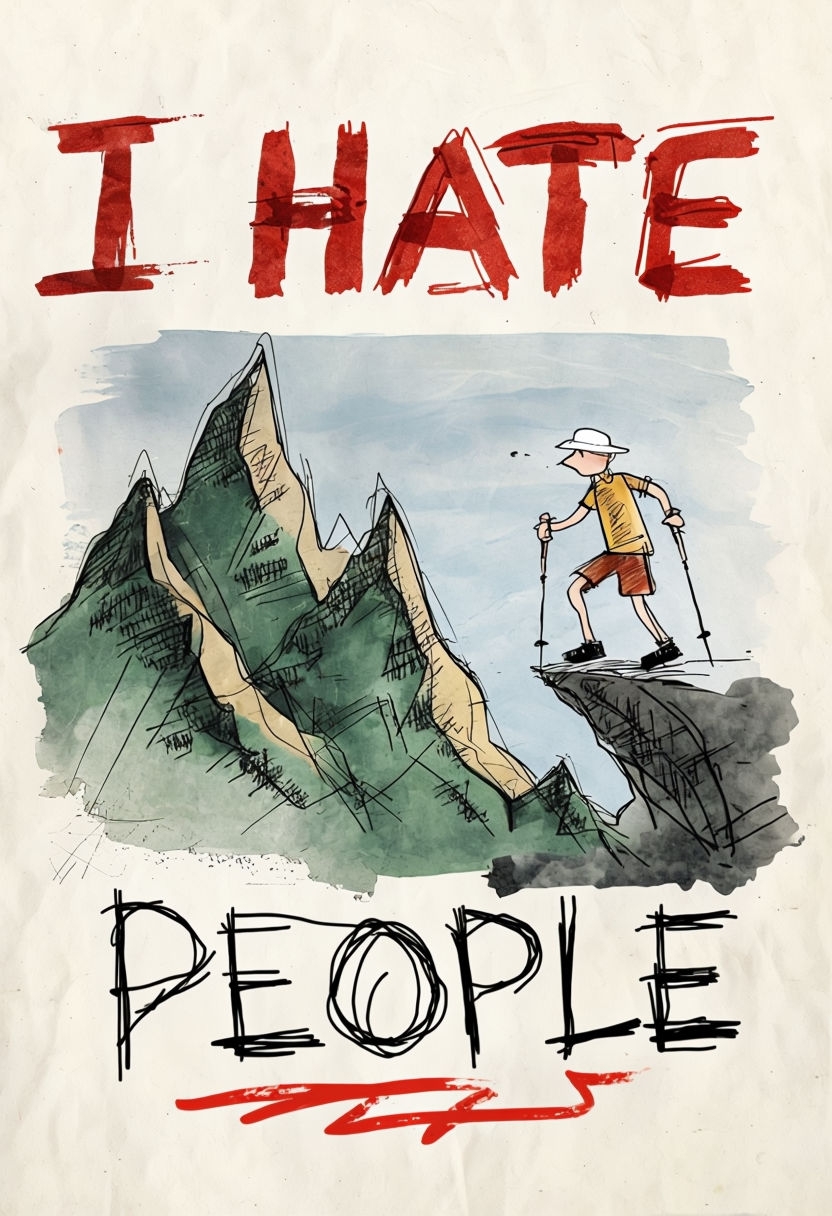 Playful Doodle Hiker Illustration with Aggressive Text Poster