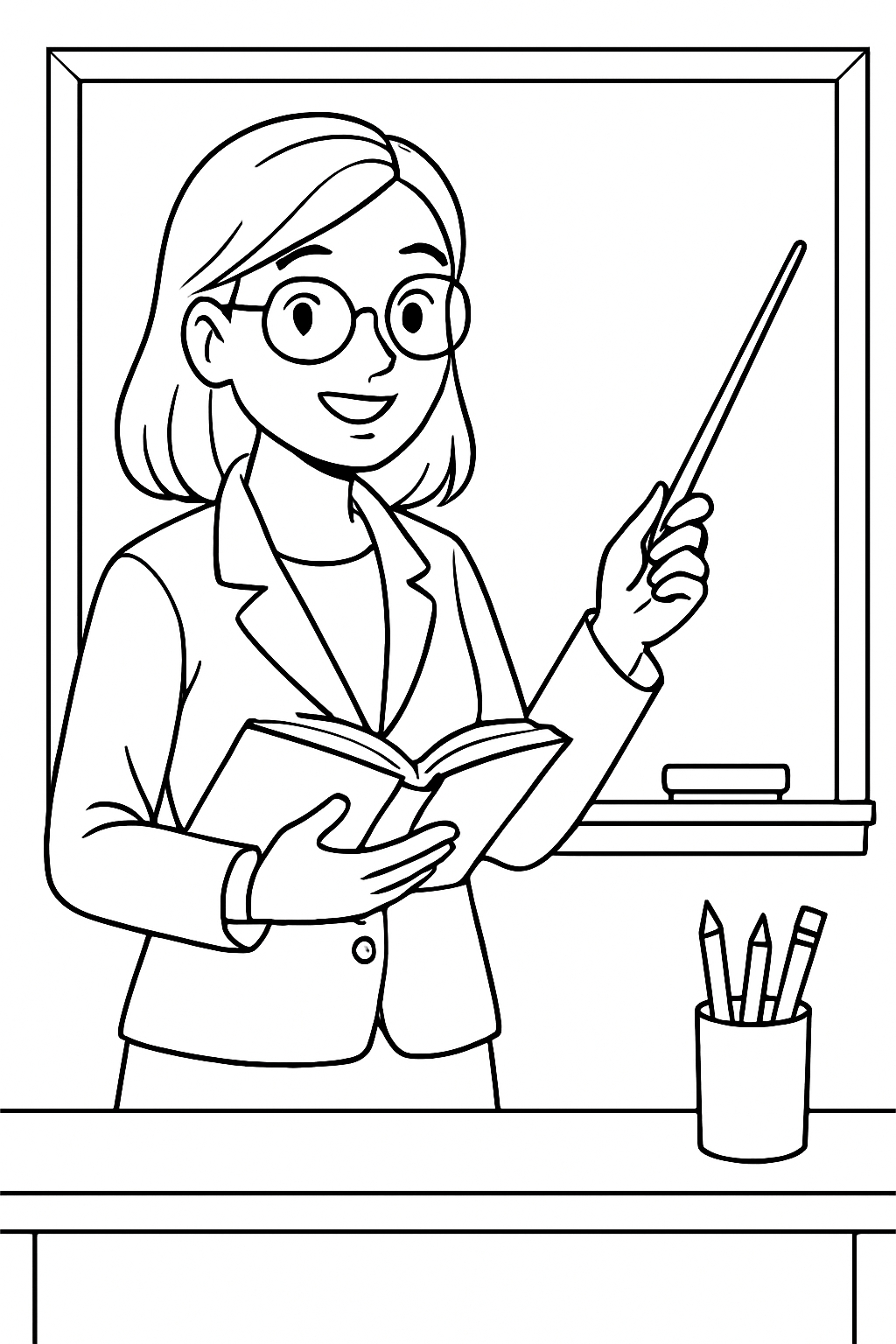 Friendly Female Teacher in Classroom Line Art Coloring Page