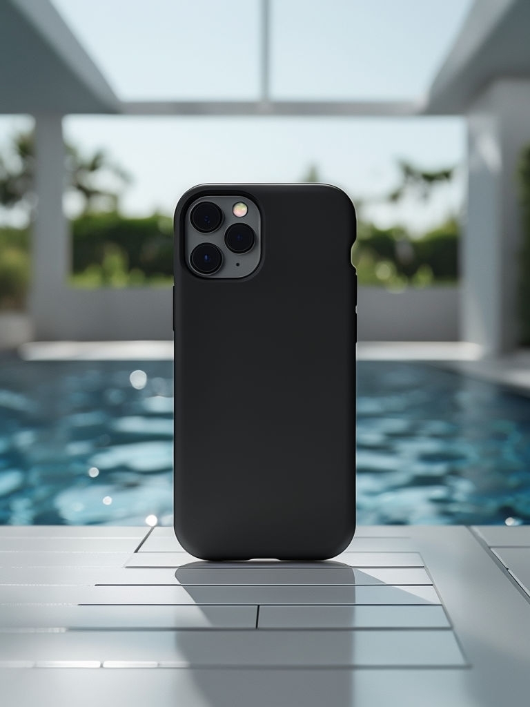 Sleek Black iPhone Case with Reflective Pool Background Mockup