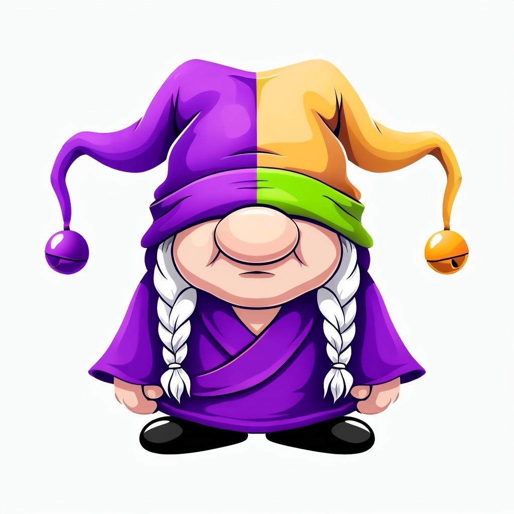 Whimsical Cartoon Gnome with Jester Hat Vector Sticker