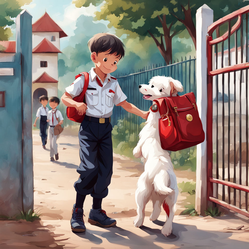 A boy in uniform(long pant and red bag)drop his white puppy ... by Popo ...