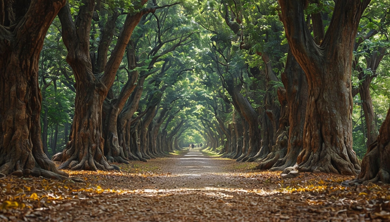 Tranquil Tree-Lined Pathway Nature Scene Virtual Background